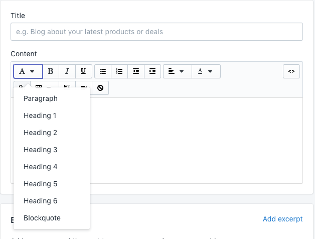 shopify wysiwyg editor and where the heading tag is located